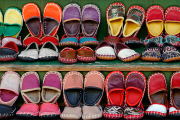 Traditional Turkish shoes displayed in street shop