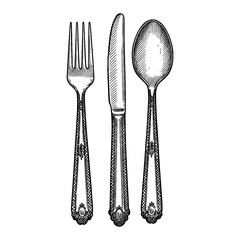 Detailed Fork Spoon Knife Cutlery Dining Utensil Set Vintage Black and White Outline Line Art Drawing