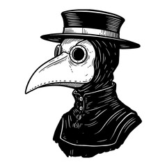Detailed Plague Doctor Portrait Head with Beaked Mask and Top Hat Black and White Outline Line Art Drawing