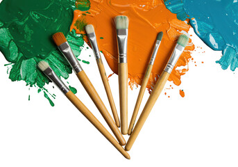 Six paintbrushes on colorful paint strokes isolated on transparent background