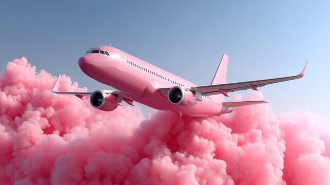 Pink airplane is flying through a pink cloud. The pink color of the airplane and the cloud creates a sense of whimsy and playfulness