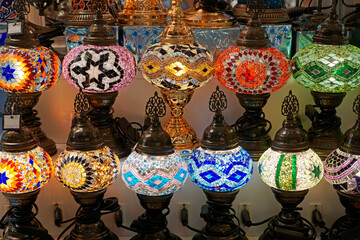 Colorful mosaic lamps glow in Grand Bazaar