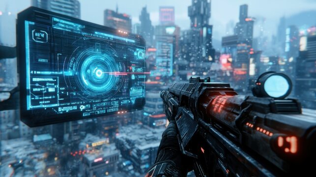 Futuristic weapon in snowy city