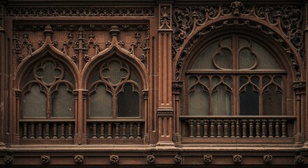 Obraz premium Exquisite Gothic Architecture: Intricate Stone Carvings and Majestic Windows of a Historic Building. High quality professional stock photo suitable for commercial use.