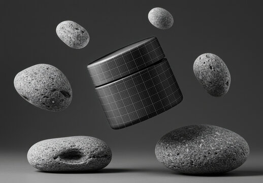Cosmetic Cream Jar Packaging Mockup Floating with Rocks