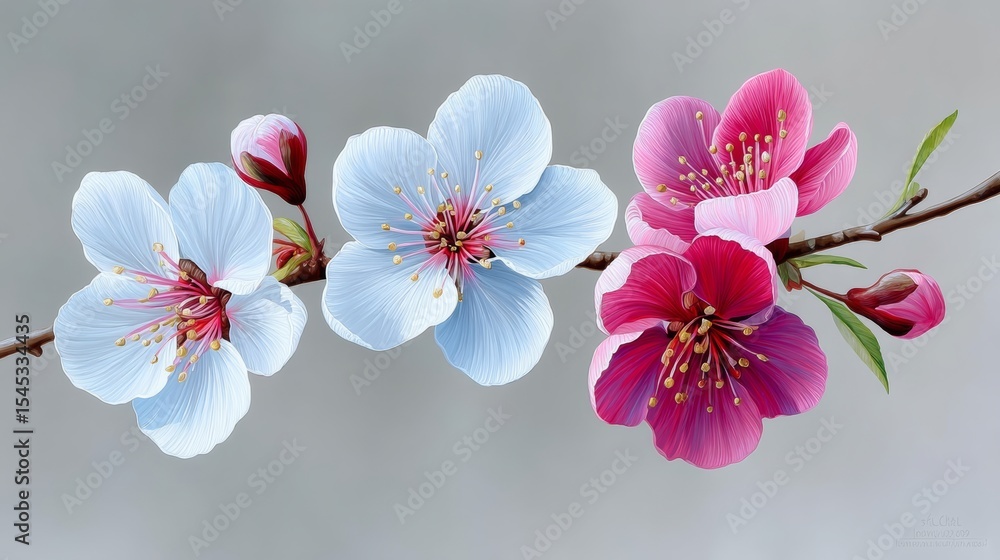 Poster three flowers are on a branch, with one being blue and the other two being pink. the flowers are arr