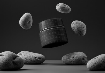 Cosmetic Cream Jar Packaging Mockup Floating with Stones