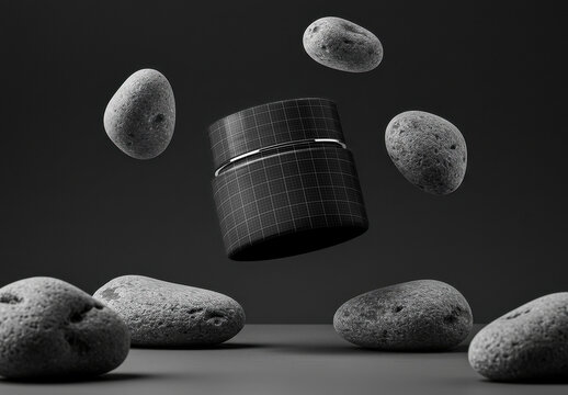 Cosmetic Cream Jar Packaging Mockup Floating with Stones
