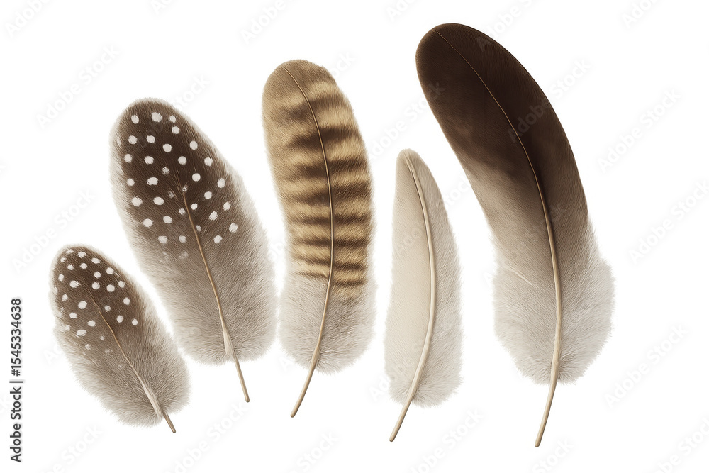 Poster five detailed feathers with various colors and patterns, isolated on a transparent background, offer