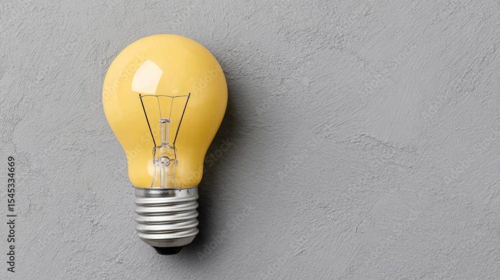 Poster yellow light bulb is lit up on a grey wall. the light bulb is the only source of light in the image