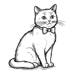 Obraz premium Adorable Pet Cat Sitting Gracefully with a Small Bowtie Black and White Outline Line Art Drawing