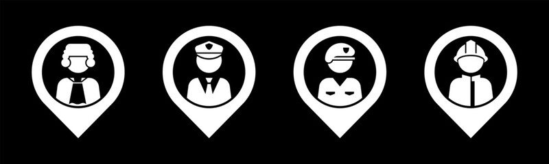 Judge, Police, Soldier, Firefighter icon set illustration vector. Judge, Police, Soldier, Firefighter with location sign and symbol.