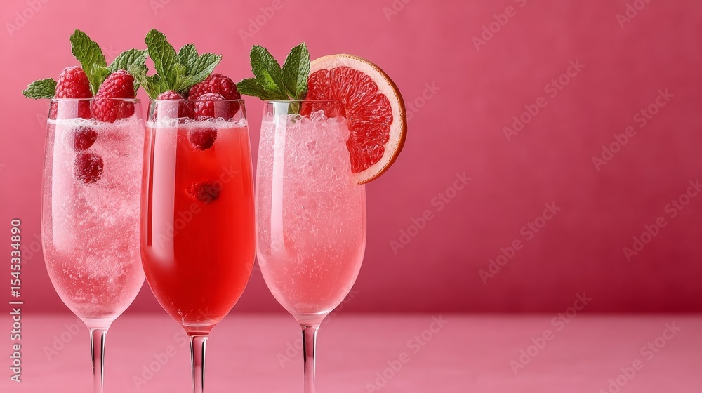 Aufkleber three glasses of pink drinks with raspberries and a slice of grapefruit. the drinks are served in ta