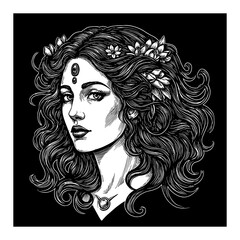 Divine Womanhood Sacred Femininity Frontal Portrait Black and White Outline Line Art Drawing of Woman with Flowers