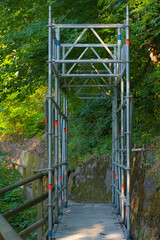 A sturdy scaffolding walkway extends into lush greenery, symbolizing temporary solutions,...