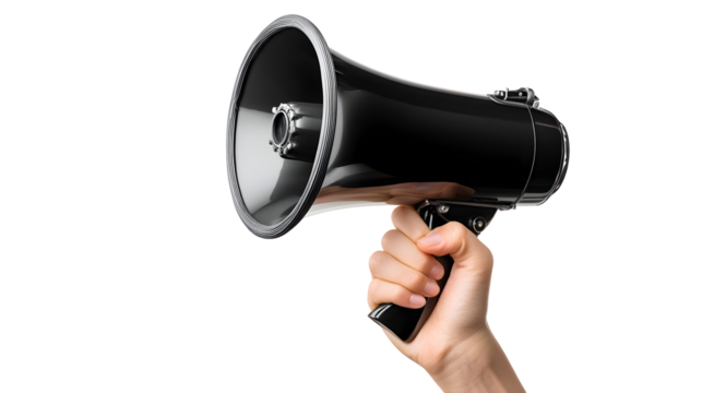 Hand Holding Black Megaphone isolated on a transparent background
