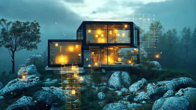 Modern dark-toned house with large windows sits on rocky, snow-dusted landscape overlaid with glowing digital pathways and data points, hinting at tokenized properties or smart systems