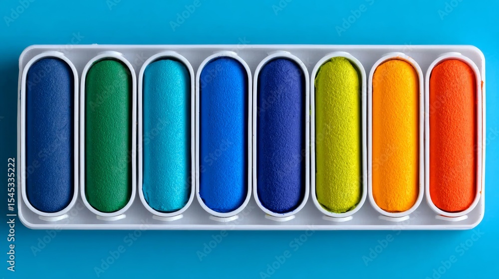 Poster tray of colorful crayons is displayed on a blue background. the crayons are arranged in a row, with 