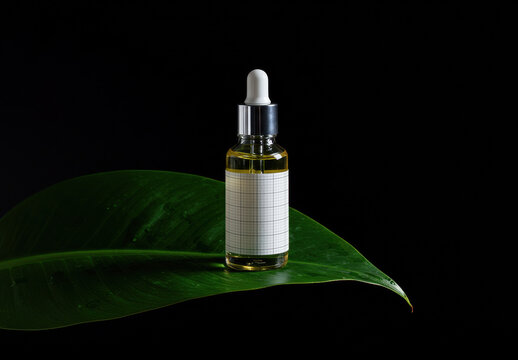 Dropper Bottle Jar Label Mcokup on Leaf