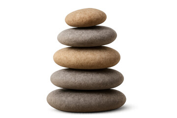Five smooth pebbles stacked in perfect balance on a transparent background, creating a serene and meditative atmosphere