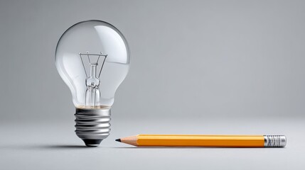 Pencil and a light bulb are placed on a grey surface. The pencil is yellow and the light bulb is clear. Concept of creativity and inspiration, as the pencil