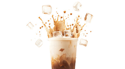 Iced Coffee Splash with Ice Cubes isolated on a transparent background