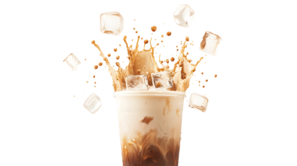 Iced Coffee Splash with Ice Cubes isolated on a transparent background