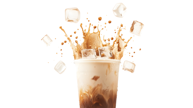 Iced Coffee Splash with Ice Cubes isolated on a transparent background