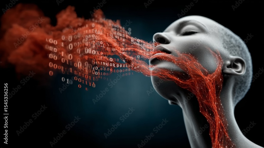 Poster woman's face is covered in red, glowing lines that look like computer code. concept of technology an
