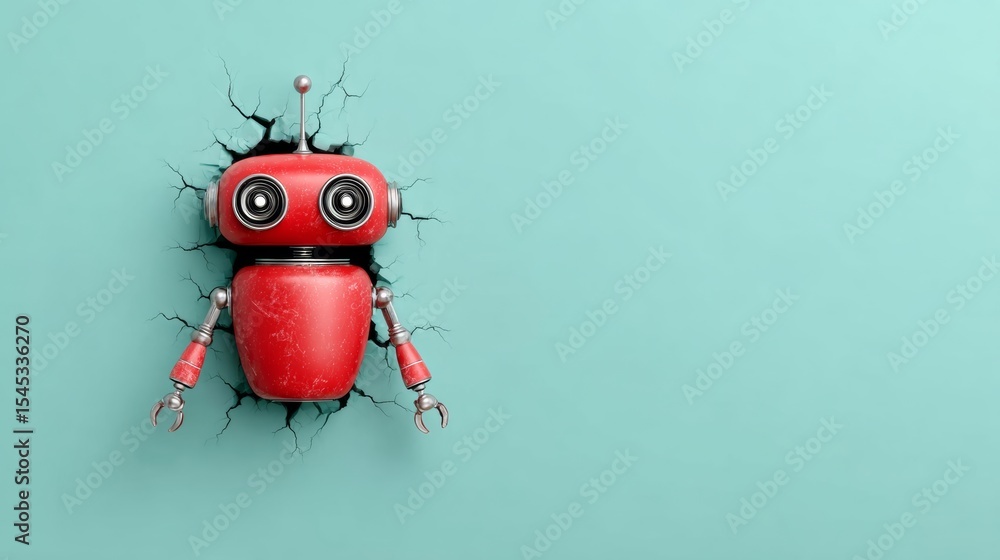 Poster robot is standing in front of a wall with a hole in it. the robot is red and has a robotic face. the