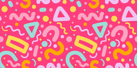 Seamless colorful Memphis pattern with abstract shapes on pink background. Fun retro design for kids, party, wallpaper, wrapping paper, covers, and creative digital use.