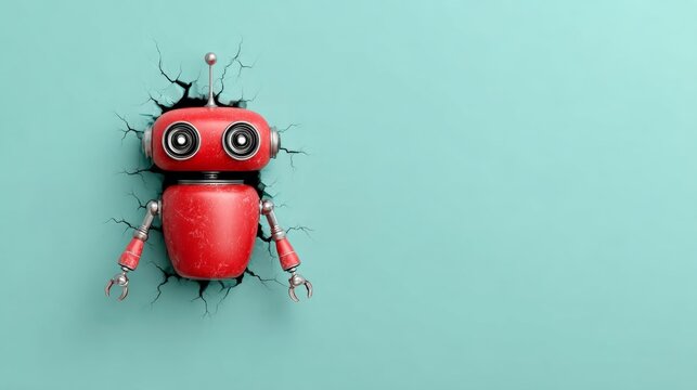 Robot is standing in front of a wall with a hole in it. The robot is red and has a robotic face. The robot is looking at the camera