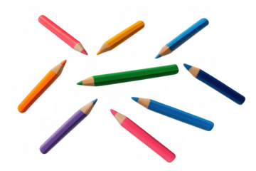 Multicolored pencils scattered randomly, highlighting creative potential with sharp tips and vivid hues against clean transparent surface