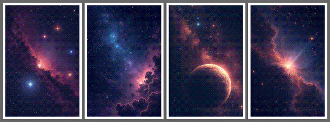 Set of pixelated posters with futuristic deep space scene in pixel art style with dithering effect. Retro space background for vintage cover, flyer, magazine or banner. Vector 8-bit illustration