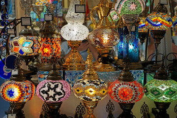 Colorful mosaic lamps glow in Grand Bazaar