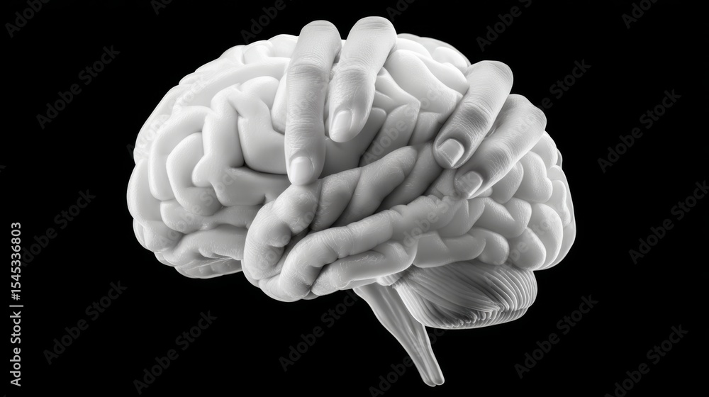 Aufkleber brain with two hands on it. the brain is white and the hands are black. concept of connection and un
