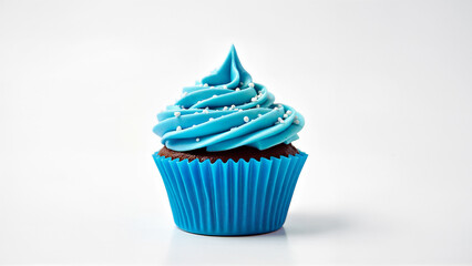 Single chocolate cupcake with blue icing and white sprinkles isolated on a white background. Suitable for bakery, dessert, or celebration themes.
