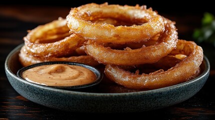 Crispy golden onion rings stacked high on a dark plate with a small bowl of creamy dipping sauce.