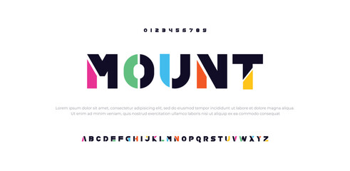 Mount Modern minimal logo alphabet font. Abstract scifi science futuristic typography sport, technology, fashion, digital, future creative logos fonts. vector illustration