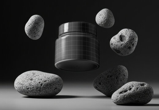 Floating Cosmetic Cream Jar Packaging Mockup with Stones