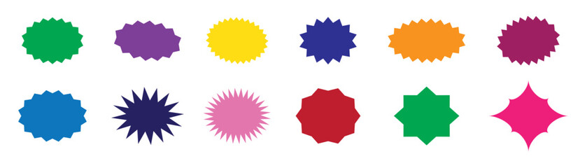 Circle sticker set. Wavy edge promo Colourful badges. Star burst shape tags for price. Blank sale stickers. Simple silhouette. Flat vintage labels. Graphic illustration. 
