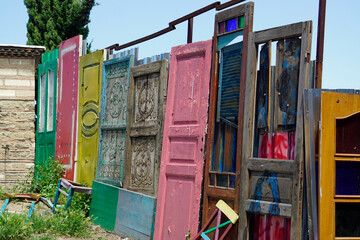 Old colorful wooden door with panels