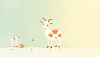 Charming illustration of goats playing in a whimsical, pastel-colored landscape