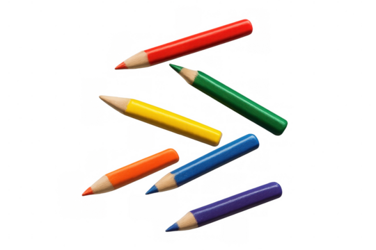 Six vibrant colored pencils float against a transparent background, perfect for adding a touch of color to educational or artistic projects