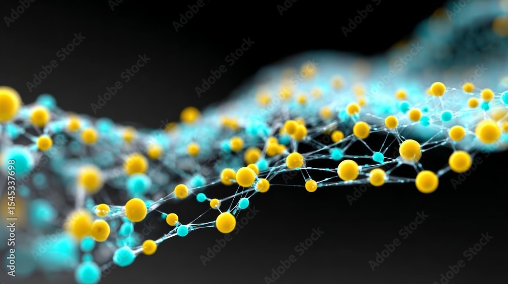 Poster series of yellow and blue spheres are connected by a network of lines. the spheres are arranged in a