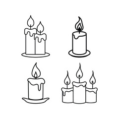 Set of burning wax candle line art vector illustration