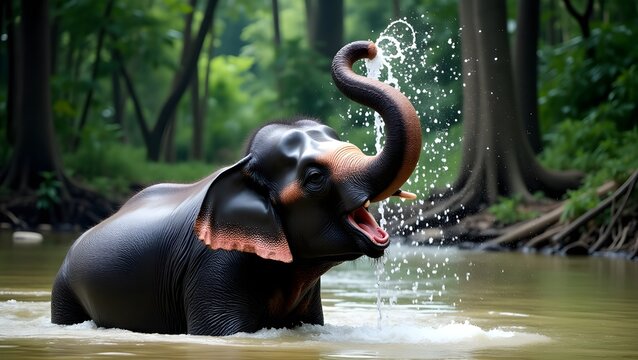 Joyful Elephant Bathing in a Forest River