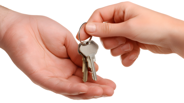 Two Hands Exchanging House Keys isolated on a transparent background