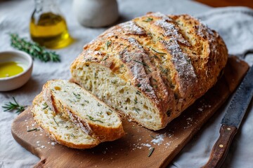 Rustic Herb Bread with Golden Crust and Fresh Rosemary &ndash; Artisanal Baking Styled with Natural Simplicity