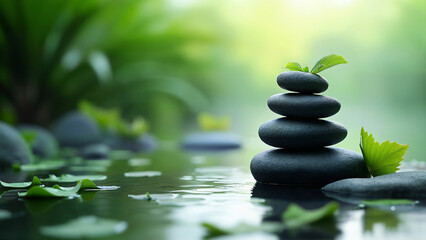 Naklejka premium Stacked smooth stones with green leaves rest on water, surrounded by natural greenery. For relaxation in a peaceful outdoor setting.